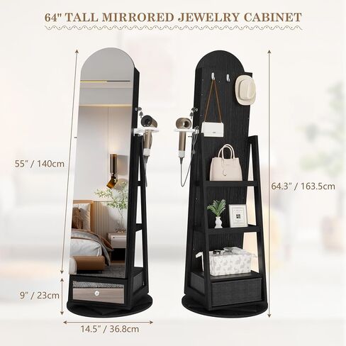 LVSOMT LED LED MIRROR Jewelry Cabinet Standing ، مجوهرات قابلة للقفل مع مرآة كاملة الطول ومصابيح LED قابلة للتعديل ، منظم مجوهرات لتوفير الفضاء مع المرآة (أسود) in Kuwait