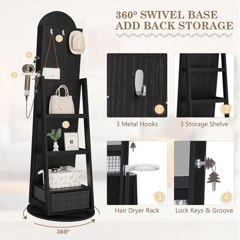 LVSOMT LED LED MIRROR Jewelry Cabinet Standing ، مجوهرات قابلة للقفل مع مرآة كاملة الطول ومصابيح LED قابلة للتعديل ، منظم مجوهرات لتوفير الفضاء مع المرآة (أسود) in Kuwait