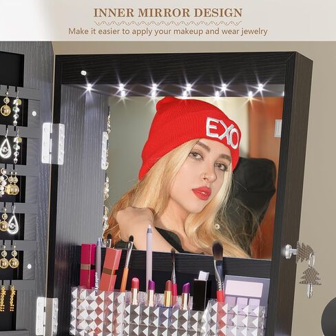 LVSOMT LED LED MIRROR Jewelry Cabinet Standing ، مجوهرات قابلة للقفل مع مرآة كاملة الطول ومصابيح LED قابلة للتعديل ، منظم مجوهرات لتوفير الفضاء مع المرآة (أسود) in Kuwait