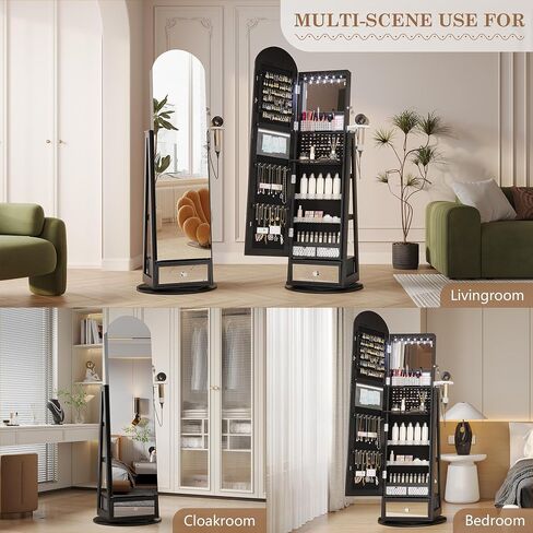 LVSOMT LED LED MIRROR Jewelry Cabinet Standing ، مجوهرات قابلة للقفل مع مرآة كاملة الطول ومصابيح LED قابلة للتعديل ، منظم مجوهرات لتوفير الفضاء مع المرآة (أسود) in Kuwait