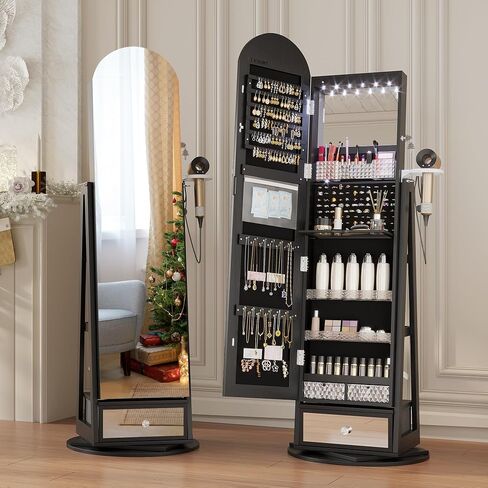 LVSOMT LED LED MIRROR Jewelry Cabinet Standing ، مجوهرات قابلة للقفل مع مرآة كاملة الطول ومصابيح LED قابلة للتعديل ، منظم مجوهرات لتوفير الفضاء مع المرآة (أسود) in Kuwait