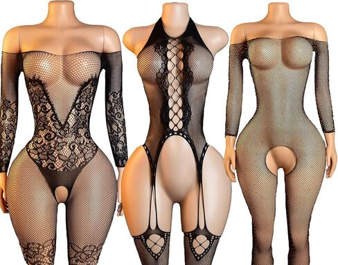 Black Sheer Fishnet Bodystocking Mesh Bodysuit for Women Attached Stockings Crotchless One Size in Kuwait