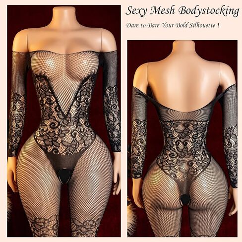 Black Sheer Fishnet Bodystocking Mesh Bodysuit for Women Attached Stockings Crotchless One Size in Kuwait