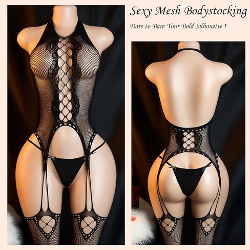 Black Sheer Fishnet Bodystocking Mesh Bodysuit for Women Attached Stockings Crotchless One Size in Kuwait