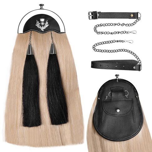 Sporrans Full Dress Horse Hair Sporran w/two black Long horse hair tassels and Chrome Cantle (Thistle Leaf Cantle) in Kuwait