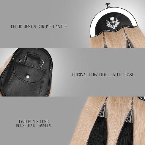 Sporrans Full Dress Horse Hair Sporran w/two black Long horse hair tassels and Chrome Cantle (Thistle Leaf Cantle) in Kuwait