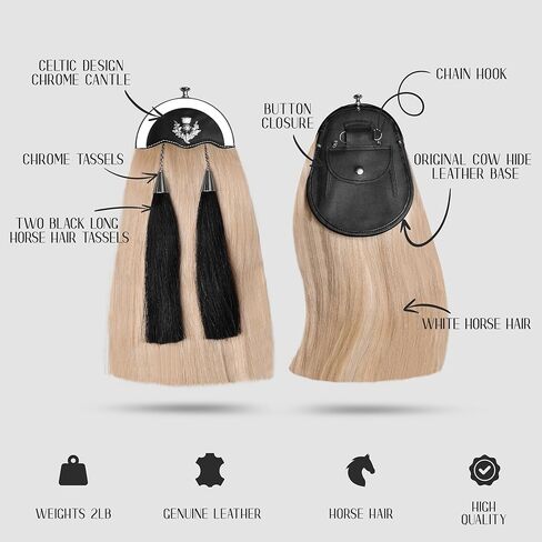 Sporrans Full Dress Horse Hair Sporran w/two black Long horse hair tassels and Chrome Cantle (Thistle Leaf Cantle) in Kuwait