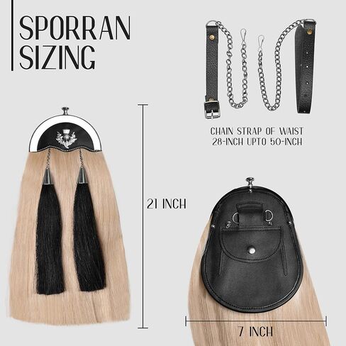 Sporrans Full Dress Horse Hair Sporran w/two black Long horse hair tassels and Chrome Cantle (Thistle Leaf Cantle) in Kuwait