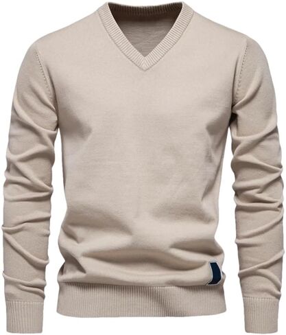 Men's V-Neck Solid Color Long Sleeved Warm Sweater Casual Loose and Simple Pullover Sweater in Saudi Arabia