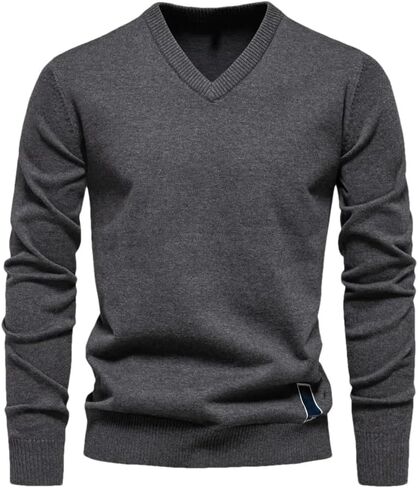 Men's V-Neck Solid Color Long Sleeved Warm Sweater Casual Loose and Simple Pullover Sweater in Saudi Arabia