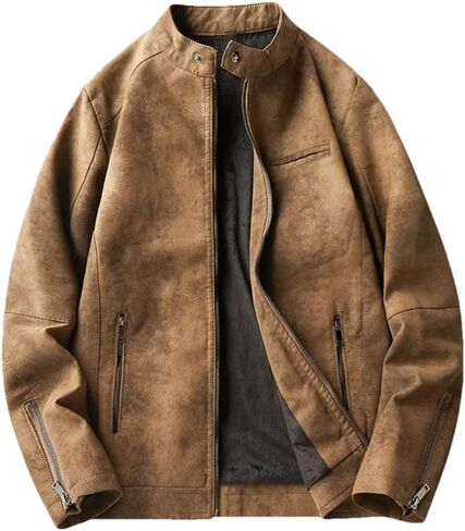 Men's Retro Round Neck Tie Dye Pu Imitation Leather Motorcycle Jacket Solid Color Casual Loose Oversized Jacket in Saudi Arabia