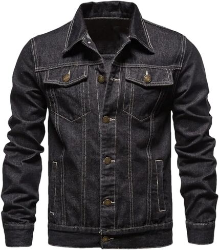 Men's Lapel Motorcycle Denim Jacket Solid Color Casual Loose Fit Denim Jacket in Saudi Arabia