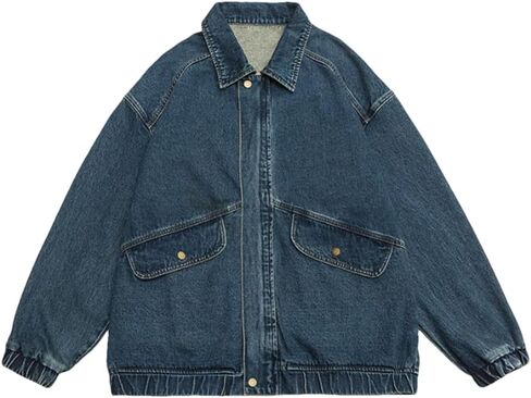 Men's Retro Large Pocket Zipper Splicing Plus Size Denim Jacket Solid Color Casual Loose Denim Jacket in Saudi Arabia