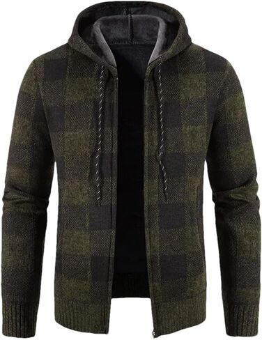 Men's Plaid Knitted Hooded Jacket Casual Loose Thick Warm Coat in Saudi Arabia