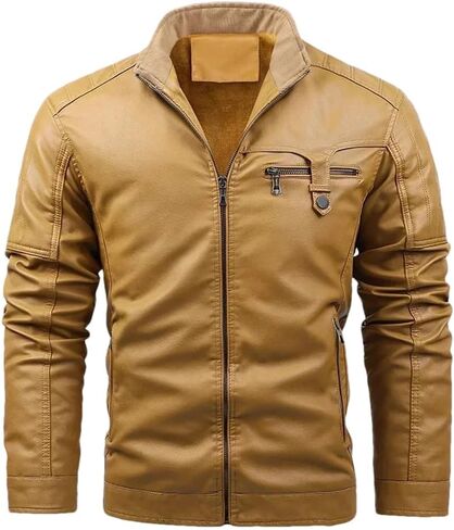 Men's Stand Up Collar Button Splicing Thickened Warm Pu Imitation Leather Motorcycle Jacket Solid Color Casual Loose Jacket in Saudi Arabia