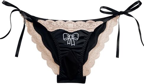 Mens Sexy Sissy Panties, Rhinestone Bow Ice Silk&Satin&Lace, Low Rise Tie Side Cheeky Girly Lingerie Underwear in Saudi Arabia