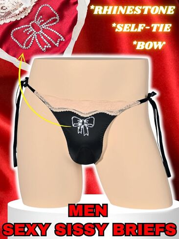 Mens Sexy Sissy Panties, Rhinestone Bow Ice Silk&Satin&Lace, Low Rise Tie Side Cheeky Girly Lingerie Underwear in Saudi Arabia