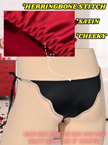 Mens Sexy Sissy Panties, Rhinestone Bow Ice Silk&Satin&Lace, Low Rise Tie Side Cheeky Girly Lingerie Underwear in Saudi Arabia