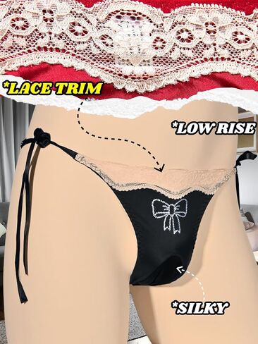 Mens Sexy Sissy Panties, Rhinestone Bow Ice Silk&Satin&Lace, Low Rise Tie Side Cheeky Girly Lingerie Underwear in Saudi Arabia