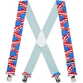 Novelty American Flag Design Suspenders - 2-Inch Wide Elastic - Clip - X-Back - 4 Sizes Including Big & Tall