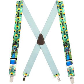 Novelty Peacock Suspenders - 1.5-Inch Wide Elastic - X-Back - Small Pin Clip - 3 Sizes