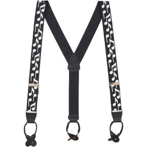 Novelty White Musical Notes on Black Suspenders - 1.5-Inch Wide Elastic - Y-Back - Button - 3 Sizes