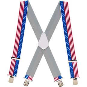 Novelty USA Stars & Stripes Design Suspenders - 2-Inch Wide Elastic - Pin Clip - 4 Sizes Including Big & Tall