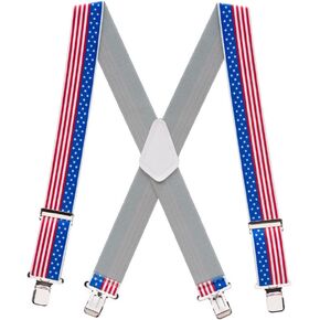 Novelty USA Stars & Stripes Design Suspenders - 2-Inch Wide Elastic - X-Back - Gator Clip - 3 Sizes