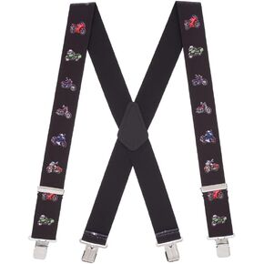 Novelty Motorcycle Design Suspenders - 2-Inch Wide Elastic - X-Back - Clip - 3 Sizes