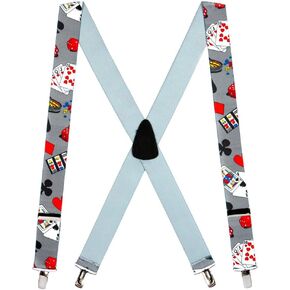 Novelty Casino Suspenders - 1.5-Inch Wide Elastic - X-Back - Clip - 3 Sizes
