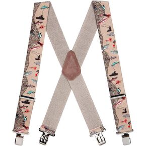 Novelty Fisherman Design Suspenders - 2-Inch Wide Elastic - X-Back - Gator Clip - 3 Sizes