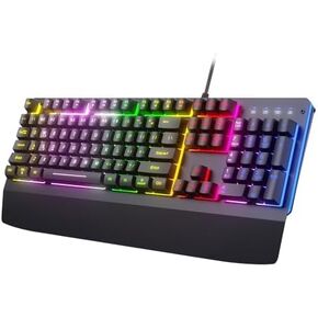 لوحة مفاتيح سلكية للألعاب، لوحة مفاتيح مضيئة RGB مع مسند للمعصم، 104 مفاتيح لوحة مفاتيح معدنية بإضاءة خلفية بألوان قوس قزح للألعاب، لوحة مفاتيح كمبيوتر صامتة مع مفاتيح متعددة الوسائط مضادة للظلال للكمبيوتر الشخصي Mac Xbox in Saudi Arabia