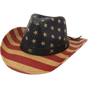 Logofun American Flag Cowboy Hat قشة غربية مع حمراء الكاكي الحمراء للرجال استقلال النساء يوم الرابع من يوليو in Kuwait