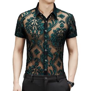 Men Women See Through Shirts Sexy Short Sleeve Night Club Fishnet Lace Shirt in Saudi Arabia