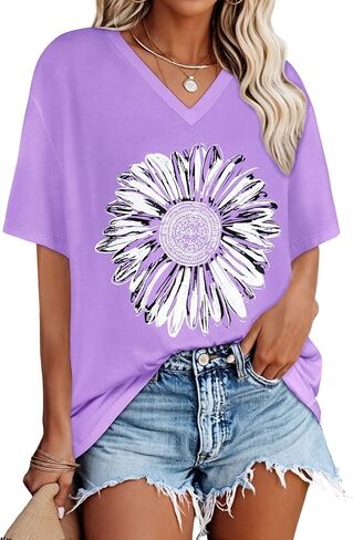 Oversized Tshirts for Women V Neck Short Sleeve Summer Casual Basic Loose Tops in Saudi Arabia