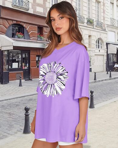 Oversized Tshirts for Women V Neck Short Sleeve Summer Casual Basic Loose Tops in Saudi Arabia