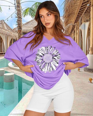 Oversized Tshirts for Women V Neck Short Sleeve Summer Casual Basic Loose Tops in Saudi Arabia