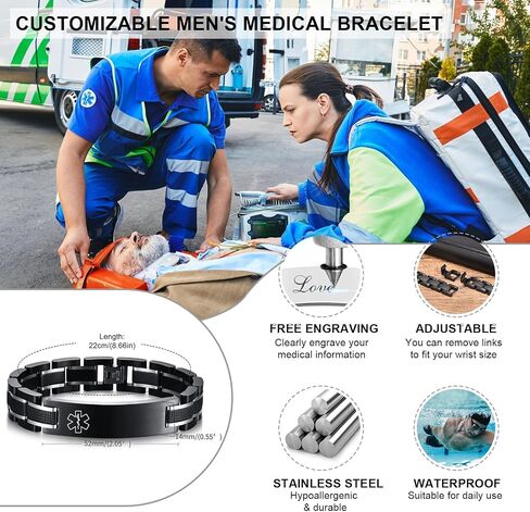 Gamtic Medical Alert Bracelets for Men Customizable, Stainless Steel Watch Band Medic Emergency ID Bracelet, Waterproof Personalized Life Alert Bracelet Products for Women Men Elderly in Saudi Arabia