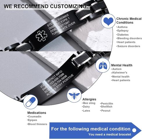 Gamtic Medical Alert Bracelets for Men Customizable, Stainless Steel Watch Band Medic Emergency ID Bracelet, Waterproof Personalized Life Alert Bracelet Products for Women Men Elderly in Saudi Arabia