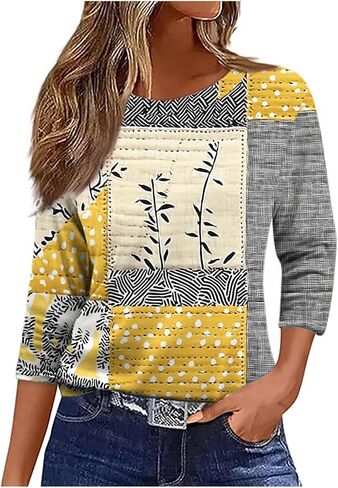 Womens Tops Dressy Casual Crew Neck Pullover 3/4 Length Sleeve Tunic Tops Retro Cute Graphic Tees Cotton Fall Clothes in Saudi Arabia