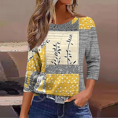 Womens Tops Dressy Casual Crew Neck Pullover 3/4 Length Sleeve Tunic Tops Retro Cute Graphic Tees Cotton Fall Clothes in Saudi Arabia