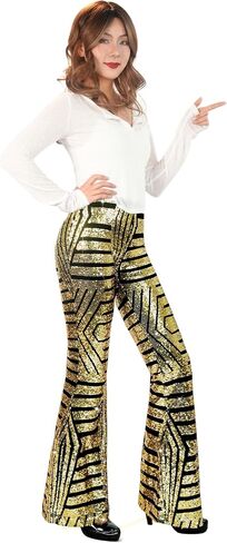 Nawgut Sequin Flare Pants Sparkly Glitter High Waisted Bell Bottom Trousers Disco Party Clubwear for Women in Saudi Arabia