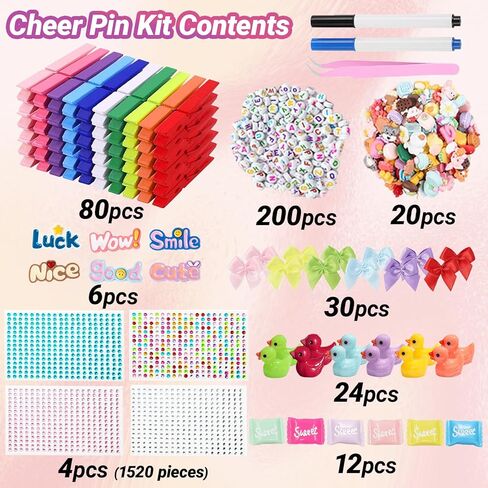 Hodvya 80 PCS Cheer Pins Spirit Clips Include 80 PCS Colored Wooden Clothes pins 99 Pcs Mini Resin Ducks Animals mini Bows and Stickers Pen 200 Beads Pearls Cheer pins for Cheerleaders in Saudi Arabia