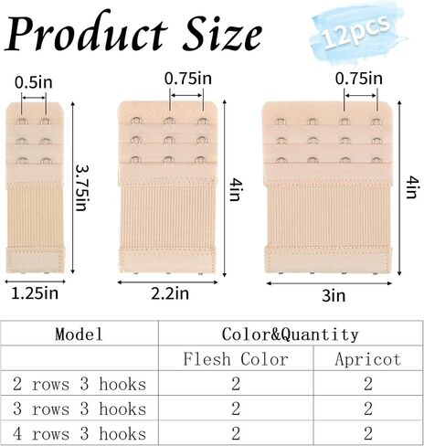12 PCS Bra Extensers 2 Hook / 3 Hook / 4 Hook ، Bra Strap Extender ، Bra Extension Strap for Women بالإضافة إلى Size Sove and Movel in Kuwait