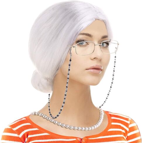 Feacole Old Lady Costume Set-Grandmother Wig,Wig Caps, Madea Granny Glasses, Eyeglass Retainer Chain,Pearl Necklace(5 Pieces) in Saudi Arabia