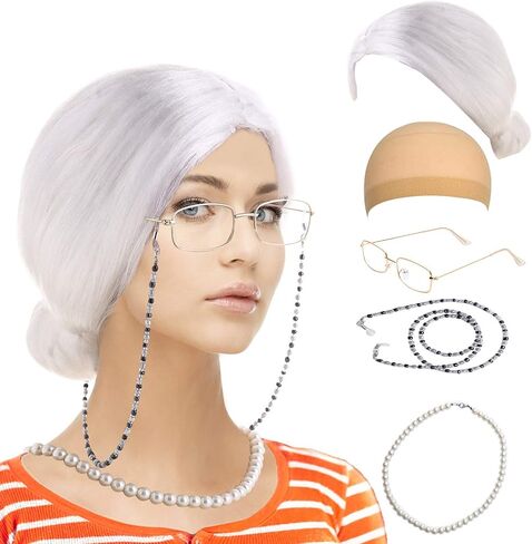 Feacole Old Lady Costume Set-Grandmother Wig,Wig Caps, Madea Granny Glasses, Eyeglass Retainer Chain,Pearl Necklace(5 Pieces) in Saudi Arabia