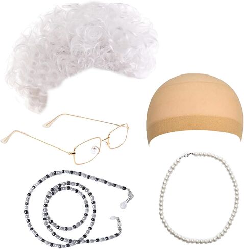 Feacole Old Lady Costume Set-Grandmother Wig,Wig Caps, Madea Granny Glasses, Eyeglass Retainer Chain,Pearl Necklace(5 Pieces) in Saudi Arabia