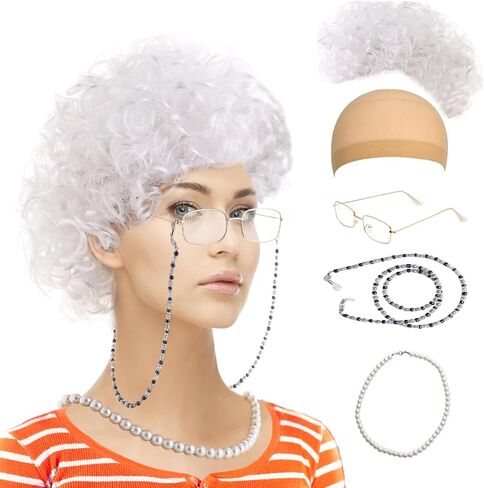 Feacole Old Lady Costume Set-Grandmother Wig,Wig Caps, Madea Granny Glasses, Eyeglass Retainer Chain,Pearl Necklace(5 Pieces) in Saudi Arabia