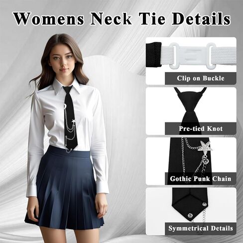 Womens Tie with Punk Chain, Adjustable Pre-Tied Ties for Women Girls Necktie for School Uniform Shirt Blouse in Kuwait