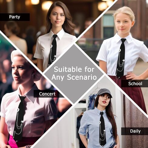 Womens Tie with Punk Chain, Adjustable Pre-Tied Ties for Women Girls Necktie for School Uniform Shirt Blouse in Kuwait